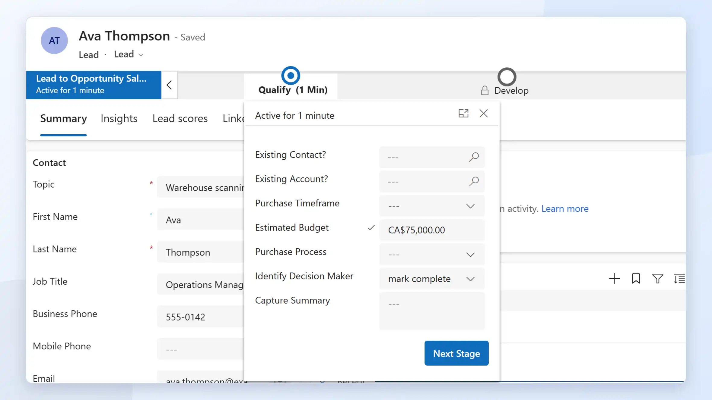 Business process flow stages on a lead in Dynamics 365.